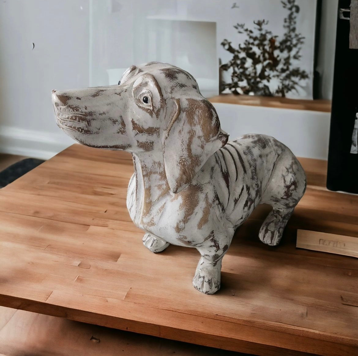 Whimsical White: Hand-Carved Rustic Wooden Dachshund