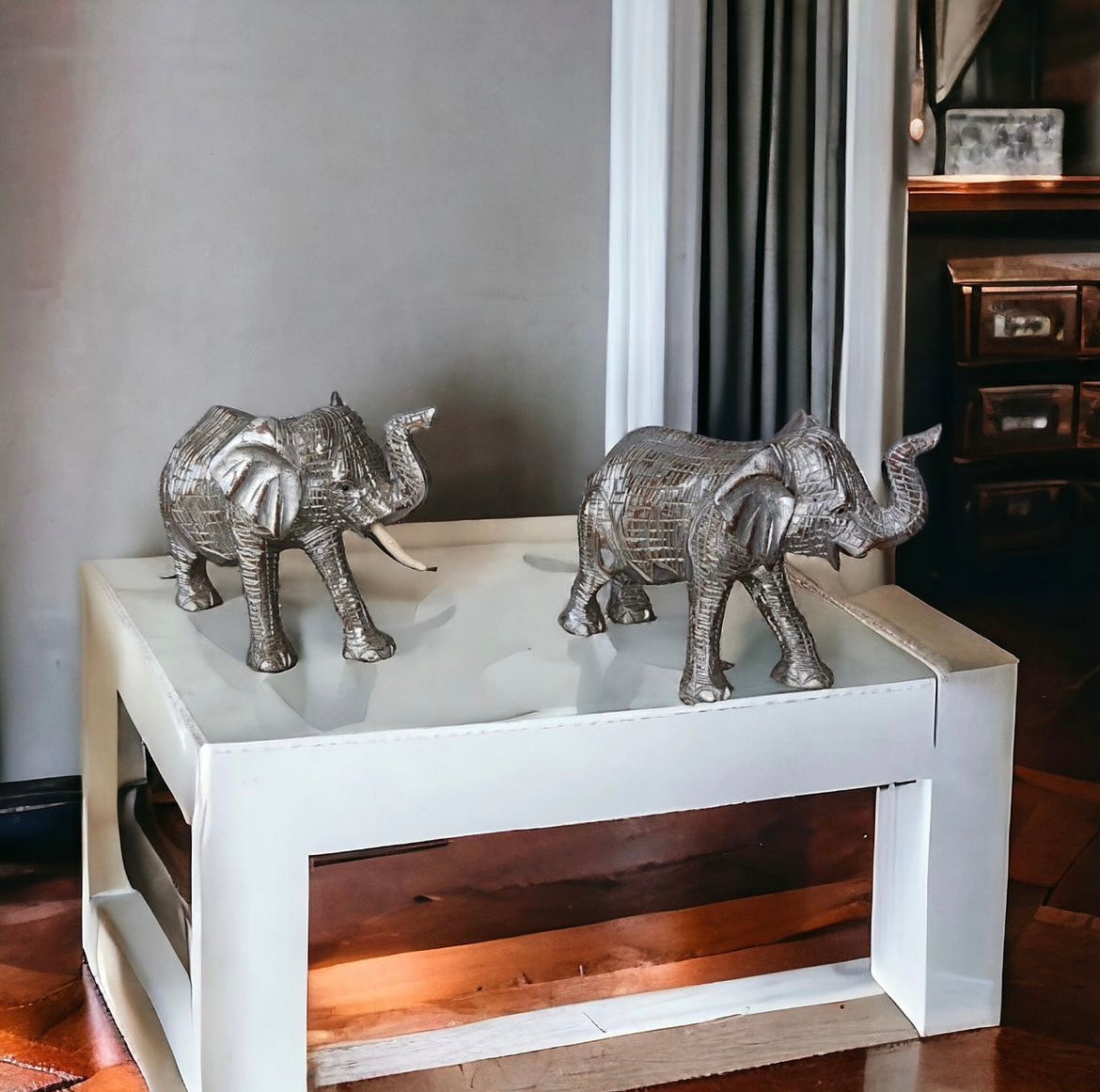 Silver Charm: Hand-Carved Rustic Wooden Elephant