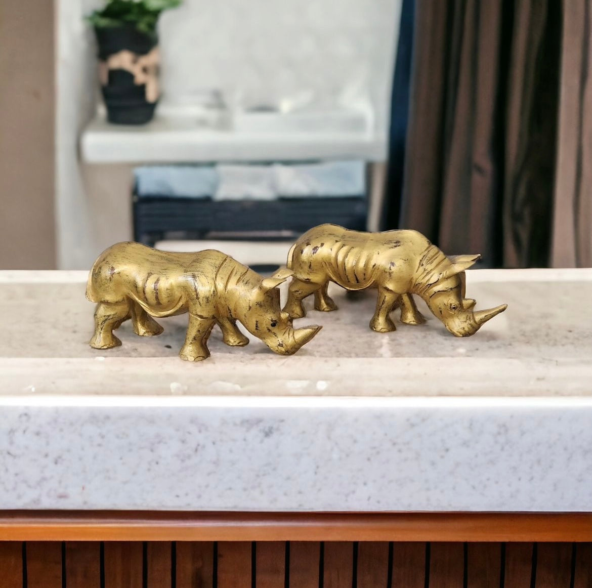 Golden Guardian: Hand-Carved Rustic Wooden Rhinoceros