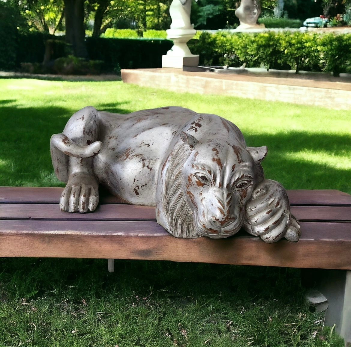 Regal Repose: Hand-Carved Rustic Wooden Lion