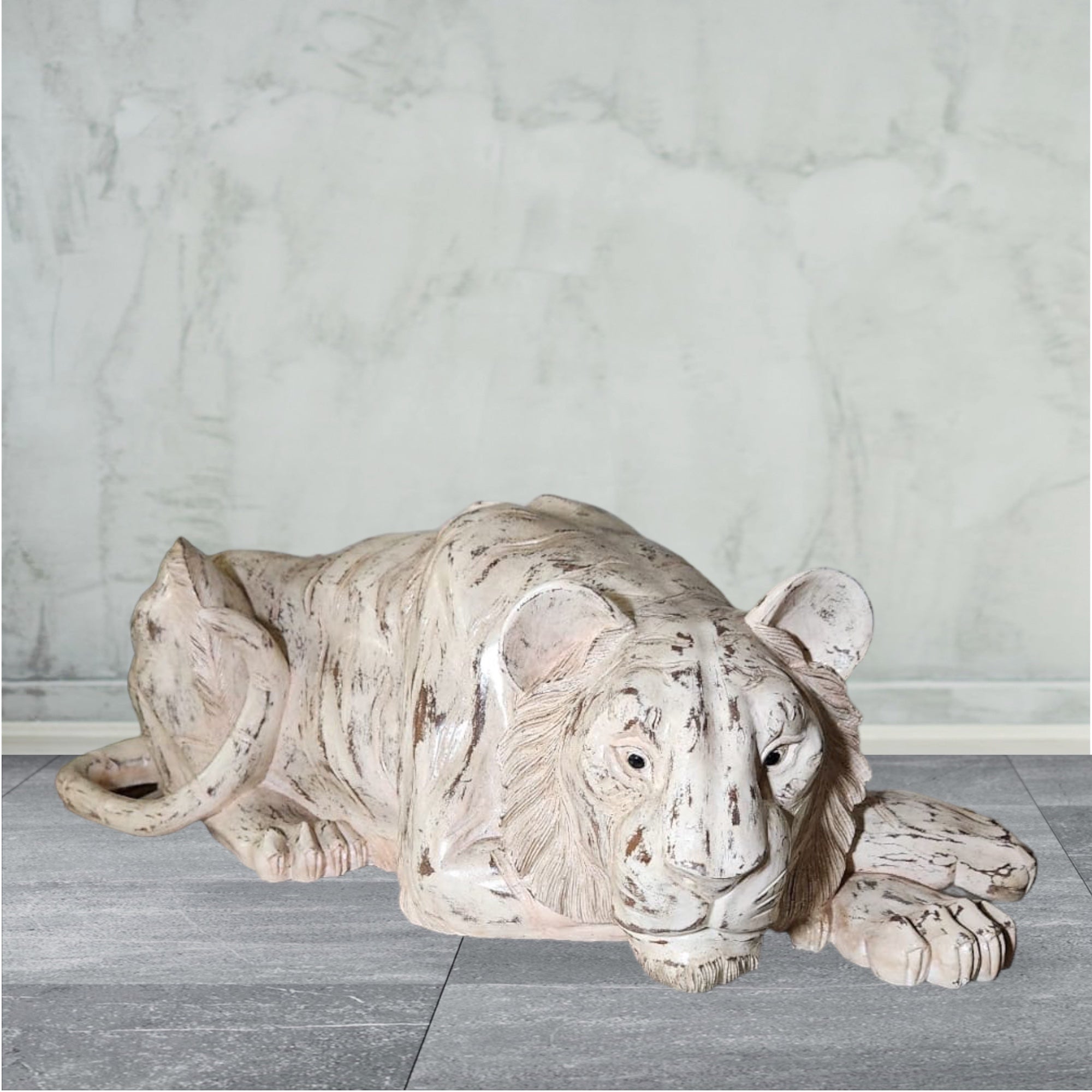 Regal Repose: Hand-Carved Rustic Wooden Lion